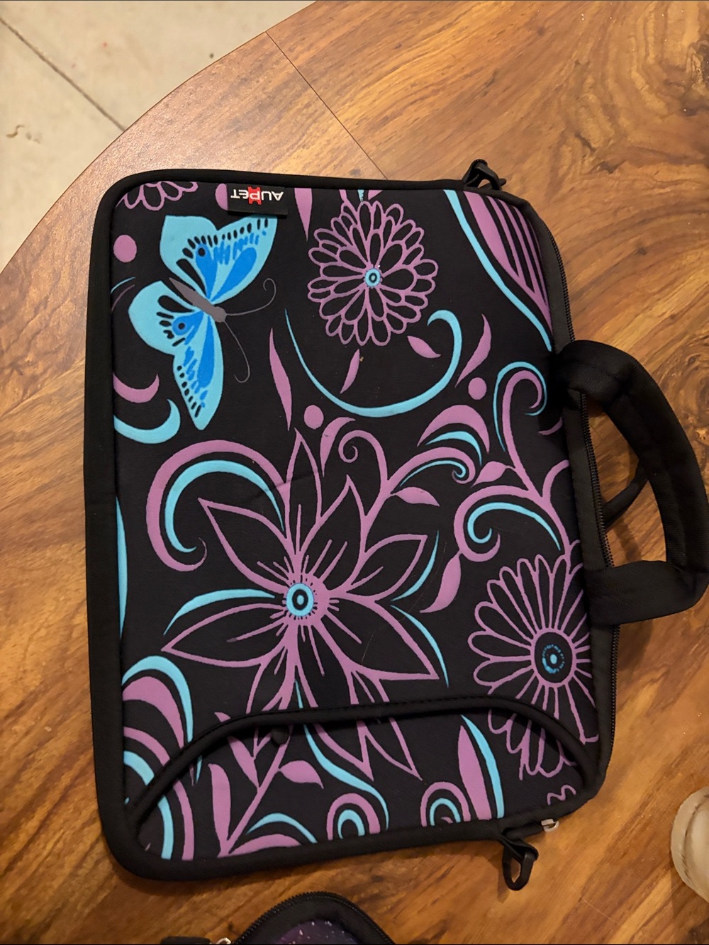 Black Floral Butterfly Laptop Bag - Black with Purple & Teal